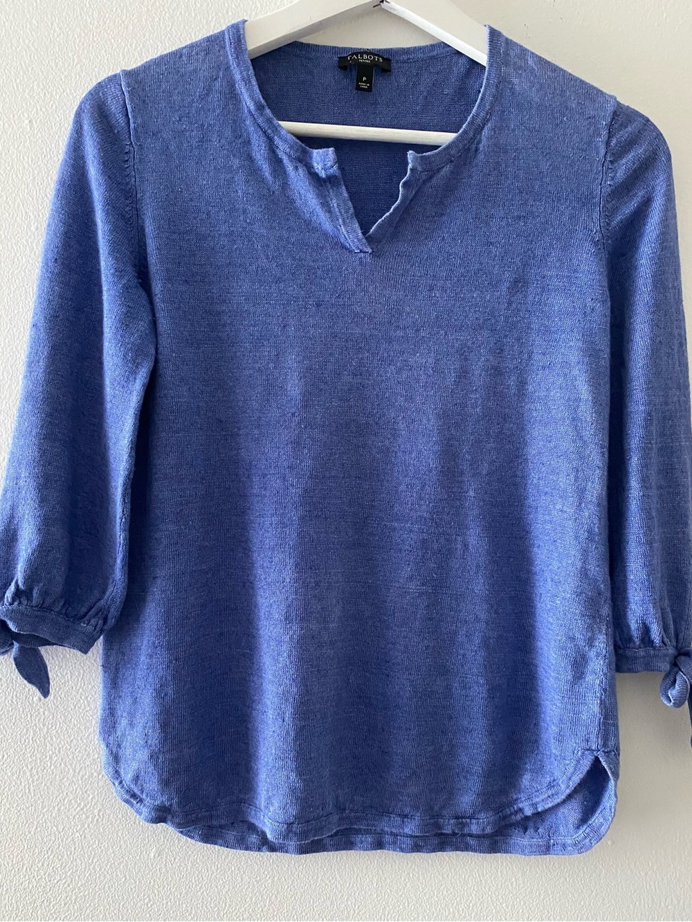 Talbots Women's Periwinkle 100% Linen V-Notch Short Sleeve Knit Top Petite P